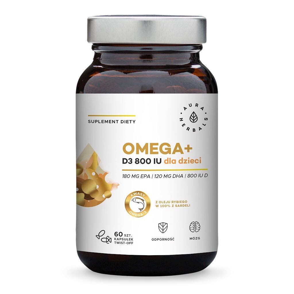 AURA HERBALS Omega+ Vitamin D3 800 IU za otroke (60 kapsul z odvrtljivim pokrovčkom) - Viking Supplements