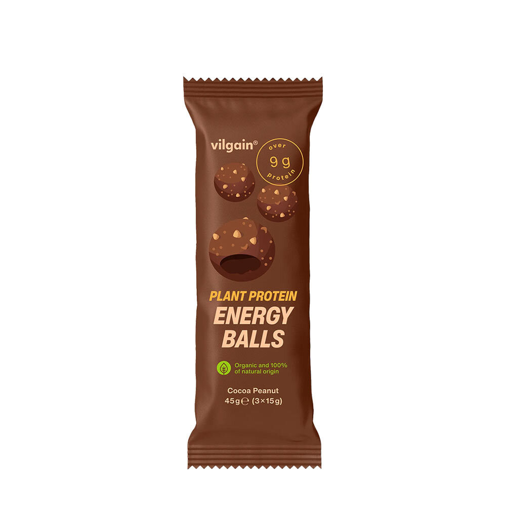 Vilgain energijske kroglice iz rastlinskih beljakovin BIO s kakavom in arašidi (45 g) - Viking Supplements